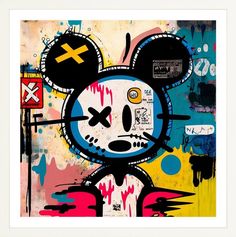 a mickey mouse painting on a wall with colorful paint splattered over it's face