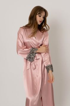 Lightweight and breathable, these soft satin nightgowns make the perfect loungewear for women who love to sleep in style. They're ideal for those who enjoy a more feminine sleepwear look and feel.

Oblique V-Neck Long Robe with Lace
3/4 sleeve
Fabric strings on the inside to hold the robe together and a removable belt to fasten it Feminine Sleepwear, More Feminine, Blazer Mini Dress, Straight Clothes, Bandage Midi Dress, Cutout Maxi Dress, Pink Fits, Half Skirt, Midi Length Skirts