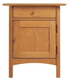 a wooden cabinet with two drawers and one door on the front side, against a white background