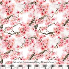 a white background with pink flowers and branches on the left side of the image is a ruler