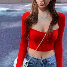 Laid Flat Measurement: The Length From The Highest Point Of The Shoulder To The Hem Of The Garment Is 16 Inches. Pit To Pit 12.5 Inches Six School Square Neck Long Sleeve, Red Square, Amazing Outfits, Red Outfit, Lookbook Outfits, School Outfits, Square Neck, Lady In Red, Casual Style