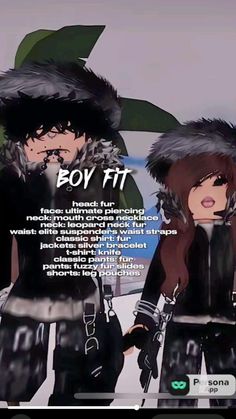 an animated image of two people dressed in black and white clothing with fur on their heads