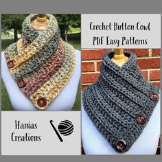 three different images of the same scarf and cowl, one with buttons on it