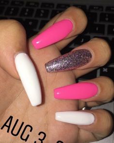 Nails Gel Polish, White Acrylic Nails, Coffin Shape Nails, Summer Acrylic Nails, Pink Acrylic Nails, Nails Gel, Fire Nails, Coffin Nails Designs, Dope Nails