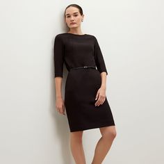 The Etsuko Dress - Black | M.M.LaFleur Elegant Workwear Dress, 3/4 Length, Elegant 3/4 Length Workwear Dresses, Elegant 3/4 Length Work Dress, Elegant 3/4 Length Dress For Work, Elegant Office Dress With 3/4 Length, Modern Fitted Long Sleeve Dress, Elastane Sheath Dress For Work, Sheath Elastane Dress For Workwear, Office Dresses With 3/4 Sleeves