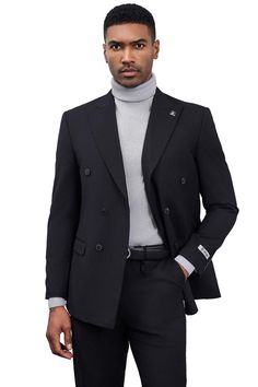 This Stacy Adams double breasted suit is a classic! It features a 6 button front, with 4 button sto close, wide peak lapels, flap pockets, side vents, and matching pants. Tailored Double-breasted Tuxedo For Formal Events, Black Double Breasted Suit With Double Button For Work, Black Double-breasted Suit For Work, Double Breasted Suit With Lapel Collar For Office, Professional Double-breasted Business Suit, Double-breasted Winter Suits With Buttons, Elegant Double-breasted Suit For Business Casual, Winter Double-breasted Suit With Buttons, Black Double Breasted Suit With Suit Collar For Work