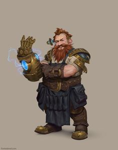 a cartoon character with a beard holding a glowing object in his hand and wearing armor