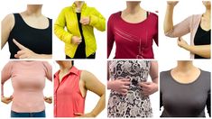 six different types of women's clothing with one pointing at the camera and two showing thumbs up