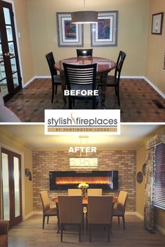 before and after photos of a dining room table with chairs, fireplace in the middle