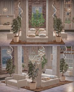 two pictures of a living room with couches and potted plants