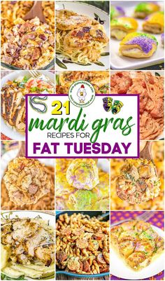 Mardi Gras Recipes for Fat Tuesday - 21 easy recipes for your Mardi Gras celebrations.Cajun pasta, dirty rice, red beans and rice, Po Boys and KING CAKE! All you need is a Hurricane and you are set to let the good times roll! #recipes #mardigras #cajun Mardi Gras Party Food For A Crowd, Mardi Gras Meal Ideas, Mardi Gras Food Ideas Cajun Recipes, Mardi Gras Finger Foods, Mardi Gras Food Dinners, Mardi Gras Menu Ideas Dinners, Easy Mardi Gras Food, Mardi Gras Meals, Mardi Gras Dinner Recipes