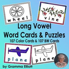 the long voel word cards and puzzles are shown in front of a blue background