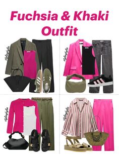 Fuchsia and khaki outfit combinations Hot Pink And Khaki Outfit, Pink Khaki Outfit, Khaki Pink Outfit, Magenta Color Combinations Outfit, Fuchsia Color Combination, Khaki Color Combination, Olive Jeans Outfit, Pink Capsule Wardrobe, Pink Colour Combination