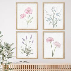 three pink flowers are hanging on the wall above a crib