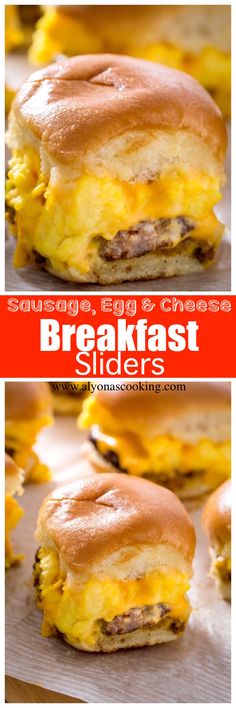 breakfast sliders with cheese, egg and sausage on them are ready to be eaten