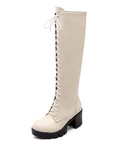 Department Name: Adult Item Type: Boots Insole Material: Short Plush With Platforms: Yes Outsole Material: Rubber Platform Height: 0-3cm is_handmade: Yes Boot Height: Knee-High Heel Type: Square heel Heel Height: High (5cm-8cm) Closure Type: Lace-Up Toe Shape: Round Toe Upper Material: PU Fashion Element: Platform Season: Spring/Autumn Lining Material: Short Plush Boot Type: Basic Pattern Type: Solid Heel Height: 7cm women boots: knee high boots women Leather Style: Soft Leather Platform Height: Cream Fitted Knee-high Boots With Round Toe, Fitted Cream Knee-high Boots With Round Toe, Winter Beige Lace-up Heels, Fitted Beige Lace-up Boots, Beige Lace-up Heels For Winter, Cream Fitted Round Toe Heeled Boots, Cream Almond Toe Boots For Winter, Beige Round Toe Heeled Boots, Beige Round Toe Knee-high Boots For Winter