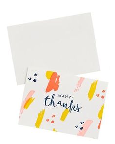 two thank cards with the words, many thanks and painted brush strokes on white paper