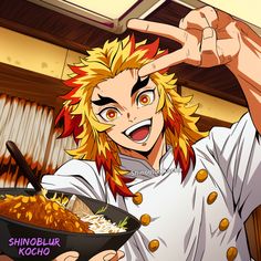 an anime character holding a bowl of food in front of his face and pointing to the side