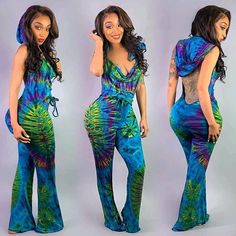 Open back blue/green tie dye jumpsuit with hoodie. Has stretch/size down Cheap Jumpsuits, Tie Dye Jumpsuit, Colorful Jumpsuit, Jumpsuit Blue, Flare Jumpsuit, Backless Jumpsuit, Jumpsuit Summer, Casual Rompers, One Piece Outfit