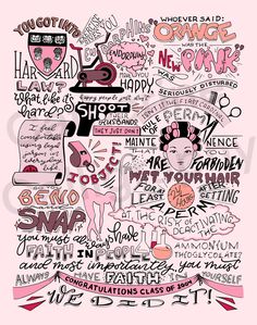 a pink poster with various words and phrases on it's side, including an image of