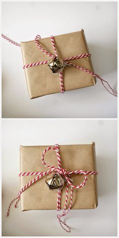 two pictures of wrapped presents tied with twine