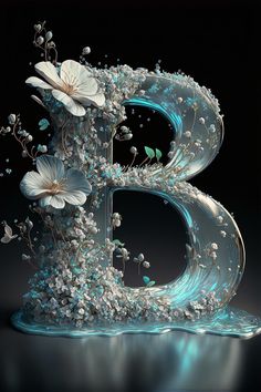 the letter b is made up of flowers and leaves, with water swirling around it