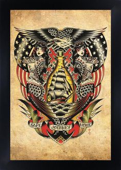 an old fashioned tattoo art print with the american flag and ship