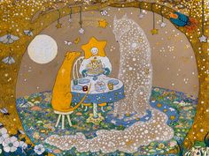 a painting of two cats sitting at a table with food in front of the moon