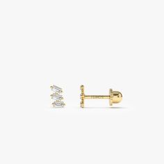 "Screw Back Stud Earrings / 14k Solid Gold Baguette Cut Diamond Stud / Diamond Cartilage Earring / Helix Tragus Piercing Ferko's Fine Jewelry Item Details * Sold as a Single Piercing * Gold Kt: 14K * Available Gold Color: Rose Gold, Yellow Gold, White Gold * Length & Width: 6 x 3.3 MM * Length of Bar: 6.5 MM * Baguette Diamonds: 6 pcs 2.75 x 1.5 * Total CTW: 0.19 ctw (pair) * Diamond Color-Clarity: G Color SI Clarity Be sure to hit \"favorite\" on the right so it remains in your favorites list a 14k Gold Baguette Earrings Fine Jewelry, Fine Jewelry 14k Gold Baguette Earrings, 14k White Gold Earrings With Baguette Diamonds, 14k Yellow Gold Earrings With Baguette Diamonds, Yellow Gold 14k Earrings With Baguette Diamonds, Gold Baguette Earrings Fine Jewelry, Yellow Gold Baguette Earrings For Gift, Baguette Yellow Gold Earrings As Gift, Baguette Yellow Gold Earrings For Gift