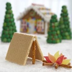 a gingerbread house and some trees are in the snow