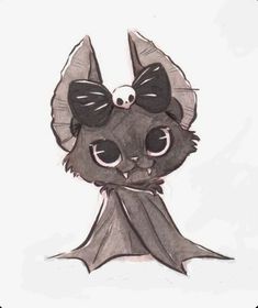 a drawing of a bat with big eyes and a bow on it's head