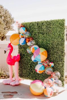 a flamingo balloon arch is decorated with colorful balloons