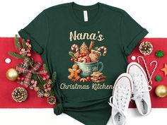 Nana's Christmas Tee, Gingerbread Cookie Shirt, Holiday Baking T-Shirt, Nana's Kitchen Apparel & Gift, Grandma Gingerbread Cookie Tee Bella + Canvas Premium Soft Tshirt Indulge in the timeless appeal of this classic unisex jersey short sleeve tee, designed to feel like a well-loved favorite. Crafted from soft cotton and featuring a quality print, this shirt is destined to become your go-to wardrobe staple. The ribbed knit collar enhances shaping, while taped shoulders ensure a better fit over ti Nana Christmas Gifts, Cookie Shirt, Gingerbread Latte, Grandmas Christmas, Christmas Gifts For Grandma, Gingerbread Cookie, Cute Christmas Gifts, Family Tees, Festival Tops