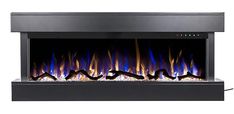 an electric fireplace with blue flames on the side and black frame, against a white background