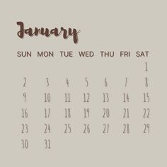 the calendar for january is shown with brown lettering and numbers on white paper, as well as an orange marker