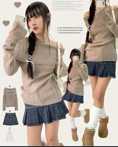 Douyin Sweater, Cute Asian Style Outfits, Shojou Outfit Winter, Skirt Sweater Boots Outfit, Shojo Aesthetic Outfits, Winter Jean Skirt Outfits, Winter Shoujo Outfit, Shoujo Outfit Ideas, Yabi Fashion