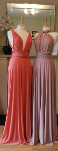 two bridesmaid dresses on mannequins in front of a large mirror