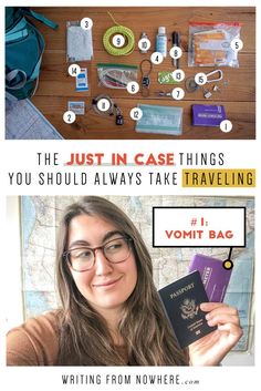 a woman is holding her passport and some other items on the table with text overlay