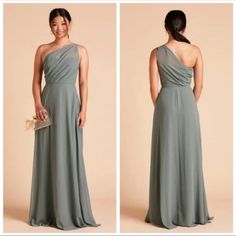 two pictures of a woman in a gray dress with one shoulder draped over the other