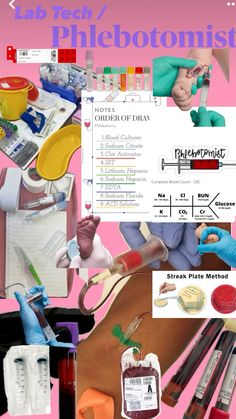 a collage of photos with medical equipment and words on it that read, le petit / phlebotomiist