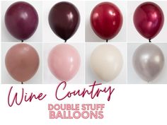 several balloons with the words wine country in red, white, pink and grey colors