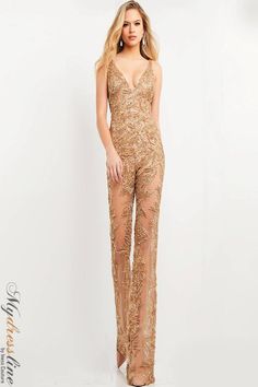 Formal Floor-length Embellished Jumpsuits And Rompers, Festive Embellished Floor-length Jumpsuits And Rompers, V-neck Embellished Jumpsuits And Rompers For Evening, Jovani Gold Dress, Orange Jovani Dress, Beaded Jumpsuit, Sheer Jumpsuit, Evening Jumpsuit, Plastic Dress