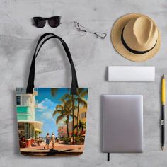 Stay stylish and organized on the go with our spacious tote bag, now with FREE SHIPPING to the US, Canada, EU, and UK! The artwork Experience the magic of Miami Beach in this stunning artwork that showcases the art deco style and the vibrant culture of the city. From the palm trees to the classic cars, this piece transports you to a sunny paradise where anything is possible. The tote bag This tote bag is both trendy and practical and is perfect for carrying all your essentials with style and com Retro Travel Bag With Graphic Print, Travel Tote Bag With Graphic Print, Multicolor Travel Bag With Graphic Print, Graphic Print Tote Bag For Travel, Artistic Tote Shoulder Bag For Travel, Rectangular Bags With Artwork For Daily Use, Artistic Large Capacity Shoulder Bag For Travel, Graphic Print Tote Shoulder Bag For Travel, Artistic Rectangular Shoulder Bag For Travel