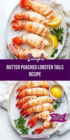 lobster tails on a plate with lemons and parsley in the background text reads, butter poache lobster tails recipe