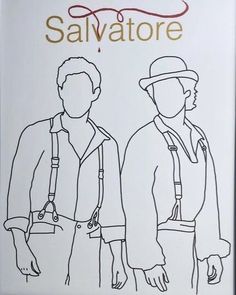 a black and white drawing of two men wearing hats, with the caption savatore