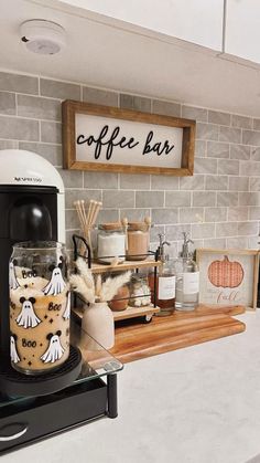 there is a coffee bar with various items on the counter