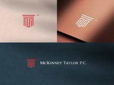 the logo for mckinney taylor pc is shown in three different colors and shapes