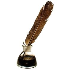 a feather quill sitting on top of a glass bottle filled with liquid and ink