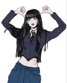 a drawing of a woman with long black hair wearing a shirt and tie, blue jeans