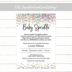 the baby sprinkle shower is shown on a white background with colorful confetti